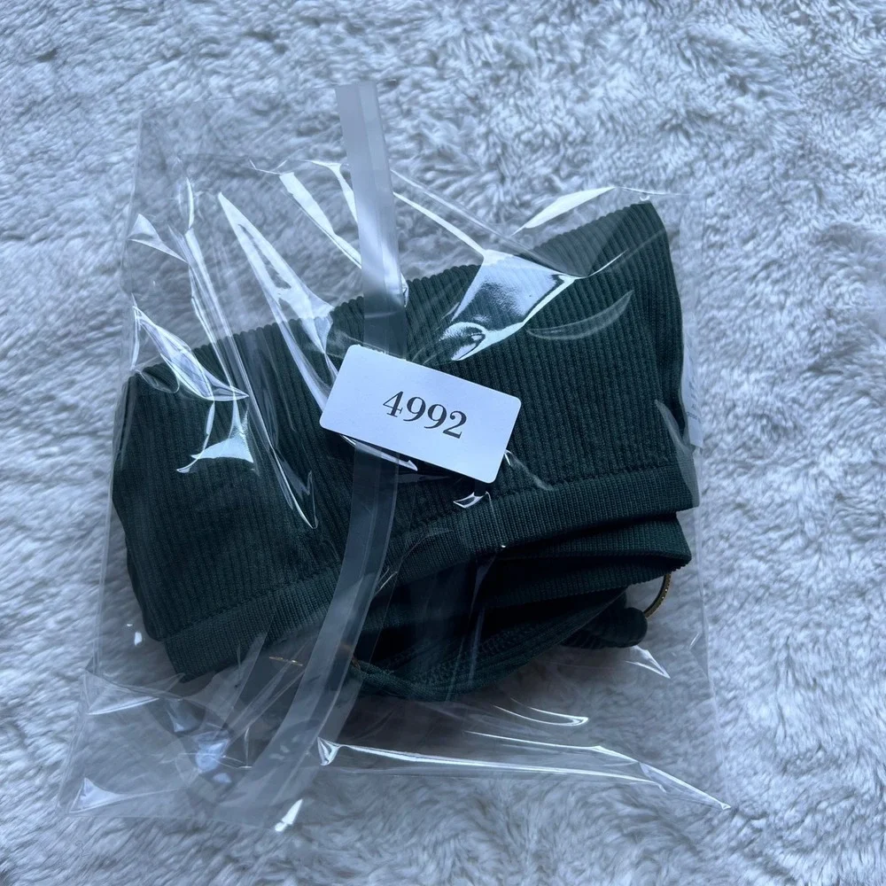 Aerie Womens XL Forest Green Ribbed Seamless Bralette O-Ring Straps Crop Top NEW